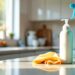 Clean benchtop with cleaning supplies arranged neatly.