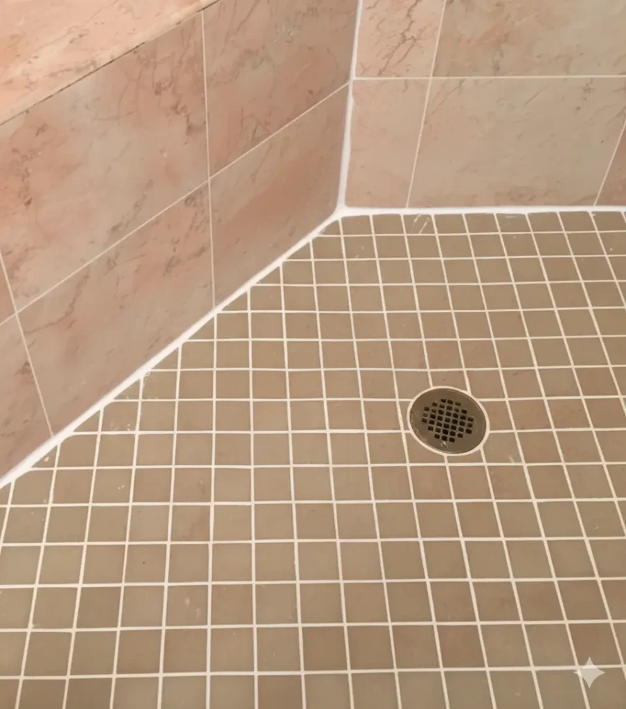 Shower floor with clean grout and refreshed tiles after regrouting by Surface Care
