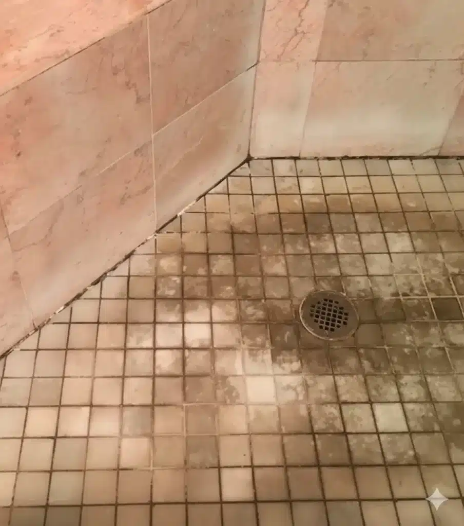 Shower floor with stained grout and discoloured tiles before regrouting by Surface Care