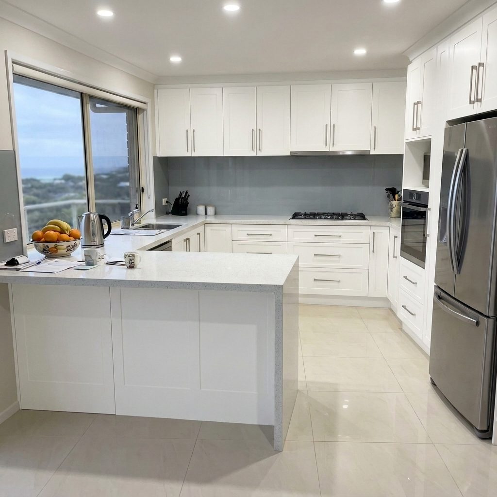 Kitchen respray colour visualisation — cabinets resurfaced in Dulux Lexicon Quarter