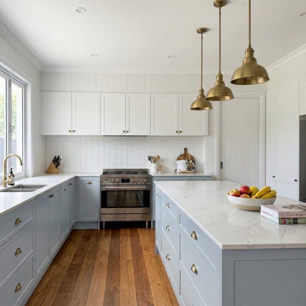 Kitchen respray colour visualisation — cabinets resurfaced in Dulux Pre-School blue
