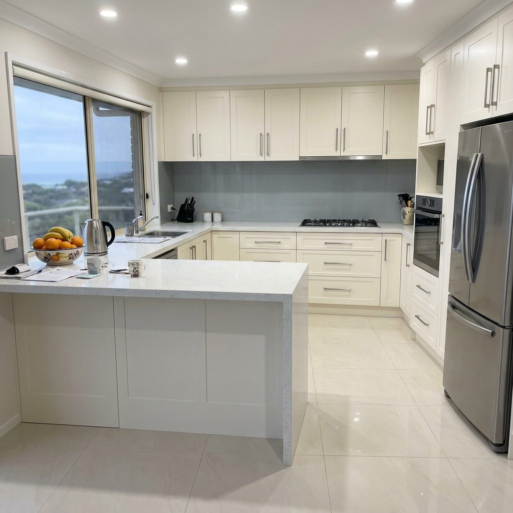 Kitchen before resurfacing — cream 2pac cabinets (colour visualisation)