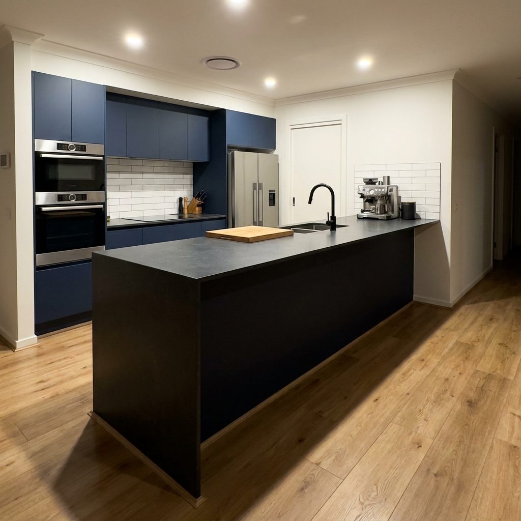 Navy blue kitchen cabinets before respray (colour visualisation)