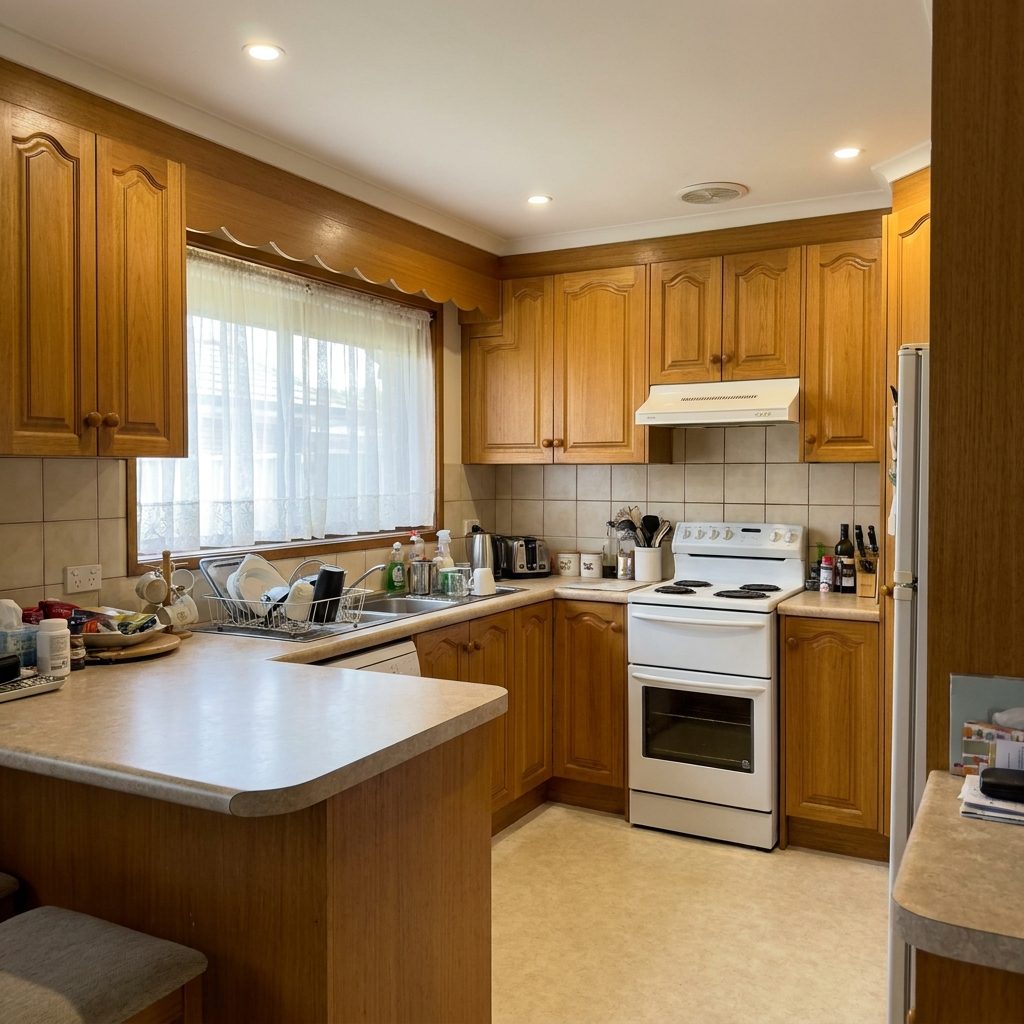 Dated oak kitchen cabinets before resurfacing (colour visualisation)