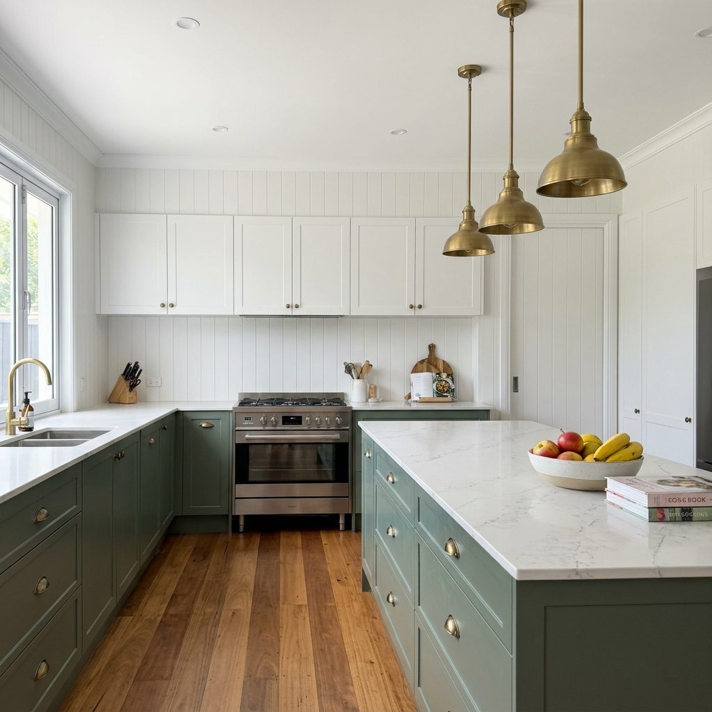 Sage green kitchen cabinets before respray (colour visualisation)
